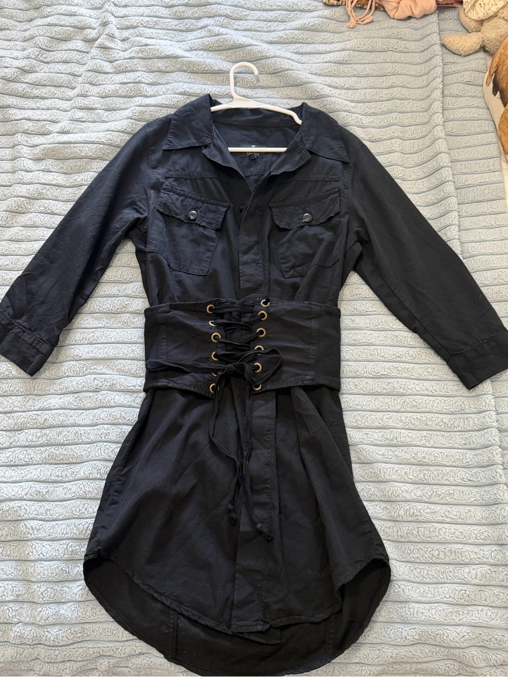 Barney’s NYC Black Button-Up Shirt Dress with Lace-Up Waist Corset